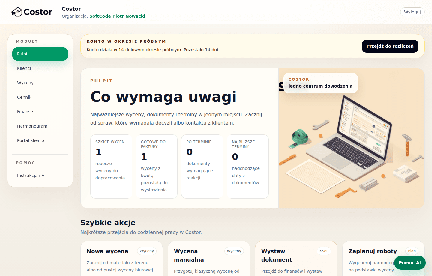 Dashboard von Costor Bau mit Projektuebersicht